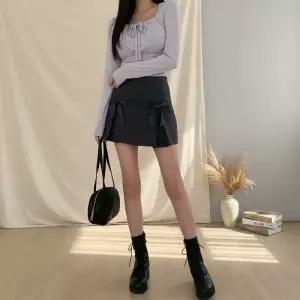 여성용 심플 리본 플리츠 미니 스커트 치마 무지