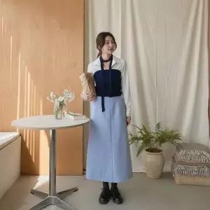 여성용 뒷밴드 코튼 투핀턱 롱스커트 앞트임 디자인
