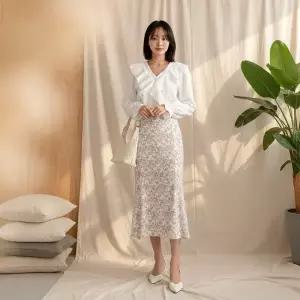 여성용 뒷밴딩 플라워 패턴 머메이드 롱스커트 치마