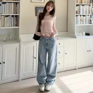 옷자락 여성 연청 와이드 스트레이트 데님 바지