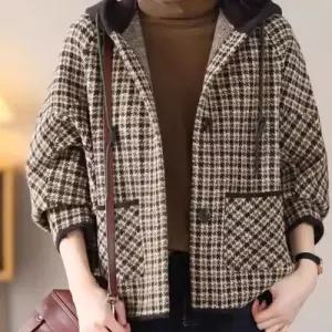 캐주얼 슬림 카디건 하운드투스 숏 도톰 체크 가오리핏 후드 여자후드가디건 ible1