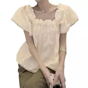 (색상 베이지 FREE)캐주얼블라우스 셔링 레이스 반팔 펀칭 캐주얼 여성 여름 여름블라우스 블라우스