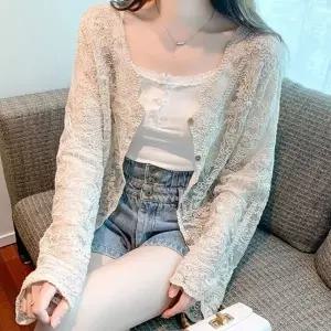 (색상 베이지 FREE)여름가디건 시스루가디건 시스루룩 망사 가디건 여성 자수 크롭 플라워 여름