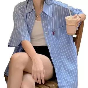 (색상 하늘색 FREE)여자 여름 반팔 데일리 면 스트라이프 셔츠 셔츠 캐주얼 남방 소재 여성 셔츠 클래식 시