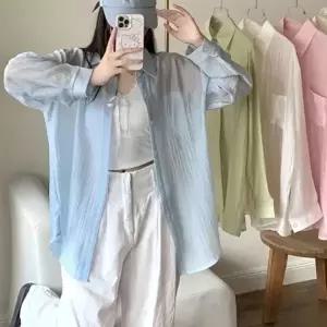 루즈핏셔츠 긴팔 베이직 카라 시스루 1P 바캉스 여자셔츠 남방 휴양지 단추 여성 여름 셔츠