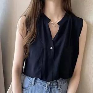 여성블라우스 원픽 차이나넥 단정한 민소매 블라우스 오피스룩 브이넥 여름 여자나시블라우스 이너템 여자