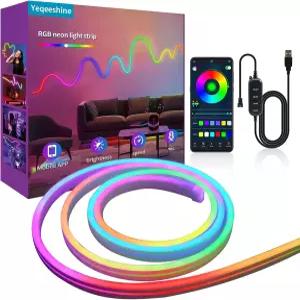 네온 로프 라이트 6.56피트 RGB LED 스트립 APP 컨트롤 버튼 5V 뮤직 싱크 색상 변경 침실 생활을 위한