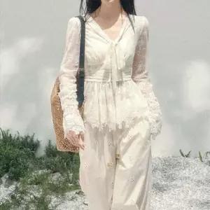Shaoyeyan 티셔츠 V넥 레이스 시스루 퓨어