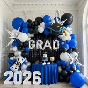 로열 블루와 블랙 화이트 실버 풍선 키트 110PCS와 졸업 모자 별 글자 2026 파티 장식 졸업식 무도회
