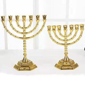 7촛대 홀더 골드 노란색 7구 가지 종교 램프 짧은 불교용품 노란색 대리석스톤 나무 받침대 양초 예배