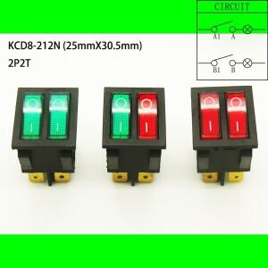 KCD8-6PIN 더블 로커 스위치, 시소 보트 전원 방수 캡 포함, 220V 적색 조명, 25mm x 2ON-2OFF, 1PC