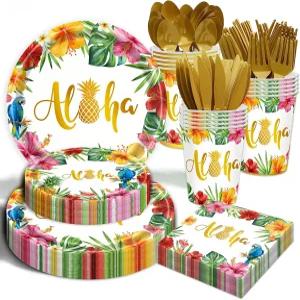 175Pcs 하와이안 루 파티 장식 알로하 열대성 히비스커스 꽃 식기 용품 생일 바비큐 풀 비치 25명의