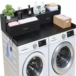 VEVOR 2 서랍 세탁기 건조기 조리대 선반 54인치 x 27인치 나무 세탁 후크 및 스플라이싱 패널 2개 세탁실