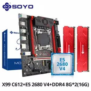 SOYO X99 게이밍 마더보드 세트 C612 칩셋 TPM2.0 핀 E5 2680 V4 C 및 DDR4 16G (2*8G) 213Hz RAM PCIE3.0