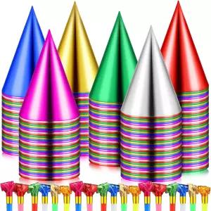 300개의 생일 파티 콘 모자와 다채로운 소음 발생기 세트 금속 호일 종이 성인 용품을 위해 호루라기를
