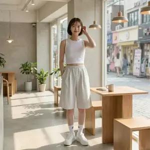 보슈아(voscha) 여성 핀턱 와이드 밴딩 트레이닝 반바지 5부 쇼츠 77까지 sado 1002W