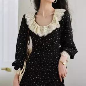 EAMT 여자 치마 원피스 블랙 프렌치 중기장 반팔 봄여름 프릴넥 YJ2