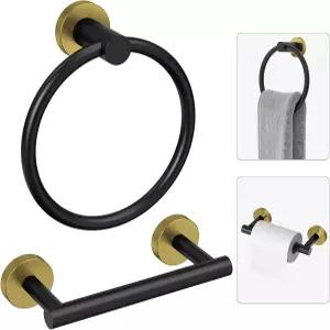 Evolvegoods 블랙 앤 골드 화장지 홀더 수건 욕실 하드웨어 세트-SUS304 스테인리스 스틸 더블 포스트 피벗