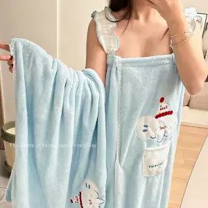 파란색 예의 바른 곰 만화 귀여운 목욕 수건 산호 벨벳 피부 친화적 흡수성 빠른 건조 랩 여학생용