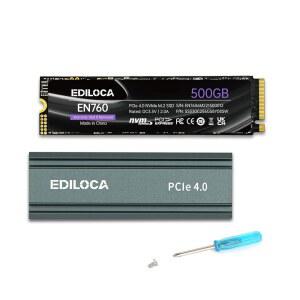 히트싱크가 탑재된 Ediloca 500GB M2 NVME SSD - PCIe Gen4.0 M.2 2280 3D NAND TLC 4800MB/S 읽기 PS5 /PC용 내부 솔리드 스테이트 드라이브 다이내믹 SLC 캐시 스토리지 확장 5년 보증EN760