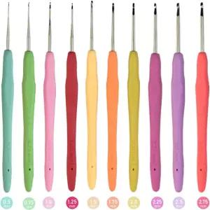 MTGHYARE 10 작은 사이즈 레이스 크로셰 후크 세트 0.5mm - 인체공학적 소프트 그립 핸들 바늘 실 뜨개질