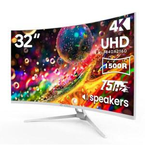CRUA 32인치 화이트 커브드 모니터 4K UHD3840*2160P 1500R VA 화면 75Hz 컴퓨터 모니터는 AMD 프리싱크 120 sRGB 내장 스피커 블루라이트 필터 벽걸이 설치HDMI 2.0 /DP 1.4를 지원합니다