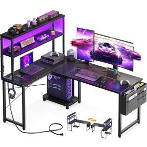 LED 조명 및 POWER LOGIC 콘센트가 있는 AODK L자형 책상 게이밍 선반 수납 가방이 53인치 리버서블 컴퓨터 테이블 홈 오피스용 후크 블랙
