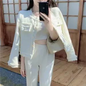 [신세계라이브쇼핑][옷자락] 여자 라운드넥 긴팔 트위드 화이트 자켓