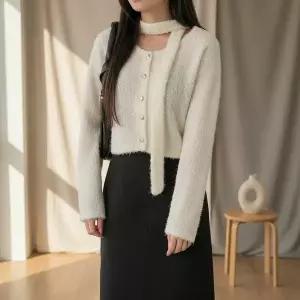 [하프클럽/다잇템]여성 하트 단추 목도리 카디건 금색 덤블 세트 셋업