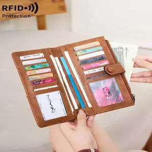 RFID 차단 여성 지갑 패션 대용량 이중 접이식 롱 고품질 PU 가죽 신분증 카드 신용카드 돈