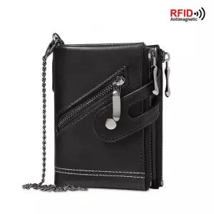 남성용 체인 지갑 RFID 방지 복고풍 가죽 및 여성용 더블 지퍼 동전 신용 카드 소지자
