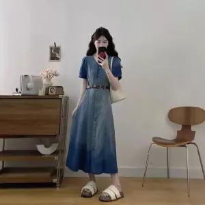 스파이더맨 치마 원피스 데님 여자 빈티지 여름 벨트 빅사이즈 A라인 슬림핏 브이넥 중기장 OPH2