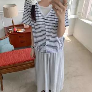 봉봉 캐주얼 데일리 바캉스 여름 루즈핏 단가라 가디건 브이넥 반팔 20대 여성 화이트