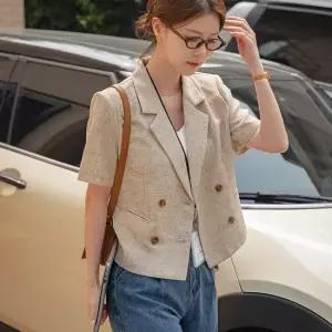 [시크라인] 리비 린넨라이크 더블버튼 크롭자켓