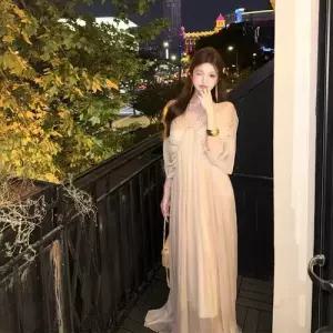 원피스 여사친 슬림핏 브이넥 프렌치 롱스커트 바캉스 쉬폰 해변 예쁜 스포M1