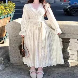 원피스 여사친 빈티지 브이넥 긴팔 순수라인 롱스커트 슬림핏 쉬폰 프렌치 예쁜 스포M1