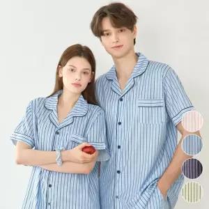 마리끄 브리즈 스트라이프 실크핏 파자마 셔츠카라 커플 반팔 잠옷세트