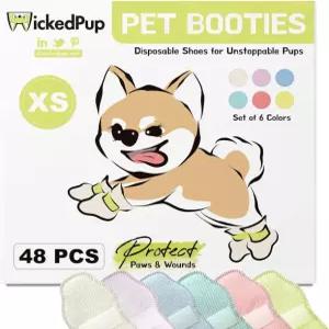 개와 고양이를 위한 WIKEDPUP 반려동물 부츠 48ct | 핥는 것을 멈추는 일회용 양말 열 뜨거운 포장 눈으로부터 발을 보호하는 강아지 신발 XS (for Teacup Dog