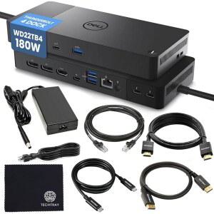 Dell WD22TB4 썬더볼트 4 도크 180W - 40Gbps 3년 보증 180W 어댑터 테크트레이 케이블 및 천을 갖춘 USBC / USBA Dell 도킹 스테이션 - 듀얼 / 트리플 모니터 및 4K 디스플레이 지원 신규