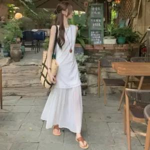하늘하늘 민소매 시원한 프릴 시스루 흰 원피스  바캉스 데이트룩