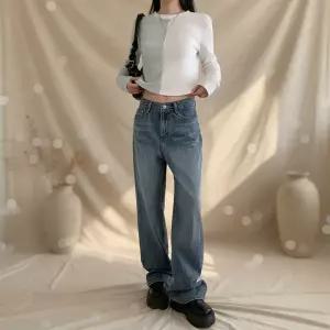 여성 빈티지 워싱 와이드 데님 팬츠 Y2K 바지 구제