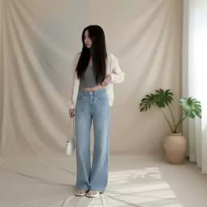 여성용 연청 와이드 일자핏 데일리 청바지 팬츠