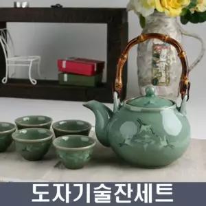 청자 운학 주기 5인세트 주전자 550ml 술잔세트 소주잔 예쁜술잔 예쁜소주잔 찻잔세트 작은잔 전통찻잔