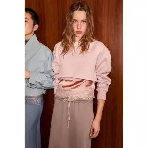 ZARA 자라 레이스 콤비 크롭 스웨트셔츠 - 로즈 가루 3951143