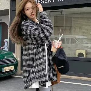 [하프클럽/]봄가을용 체크 패턴 블랙 긴팔 남녀 셔츠