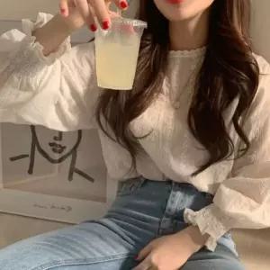 [하프클럽/]여성용 레이스 블라우스 얇은 펀칭 프릴 셔츠