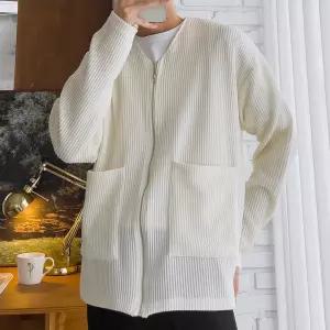 남자 골지 브이넥 집업 니트 가디건 5C-CA-Q120-아이보리
