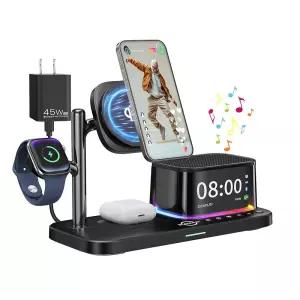 7-in-1 Wireless Charging Station for Multiple Apple Devices Bluetooth Speaker Alarm Clock Night Ligh