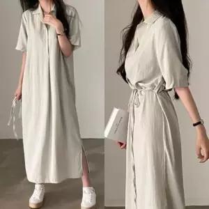 [SBD] 카라 데일리룩 브이넥 허리 롱원피스 룩 절개 원피스 원피스 밑단 스트랩 셔츠형 반팔