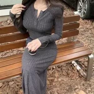 [SBD] 롱원피스 룩 봄가을 A라인 세로골지 데일리룩 붙는원피스 슬림핏 여성